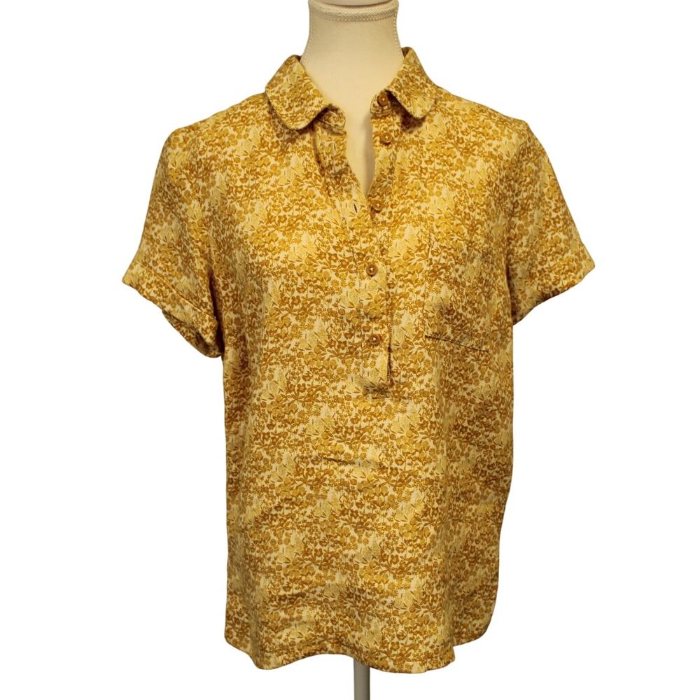 Garnet Hill Floral Gold Size Sm Cuffed Short Sleeve Linen 5 Button Split Hem